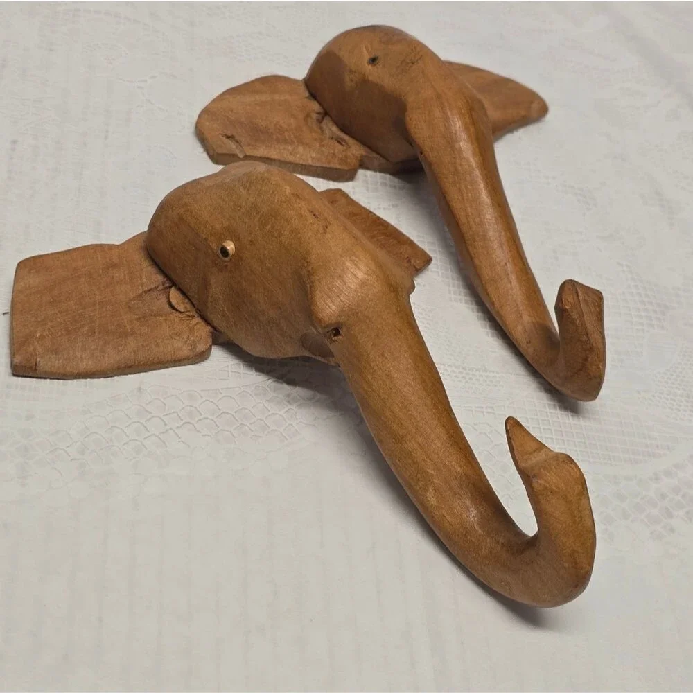 Vintage Hand Carved Elephant Wall Hooks Set Of 2 Indian Boho Decor Cottagecore